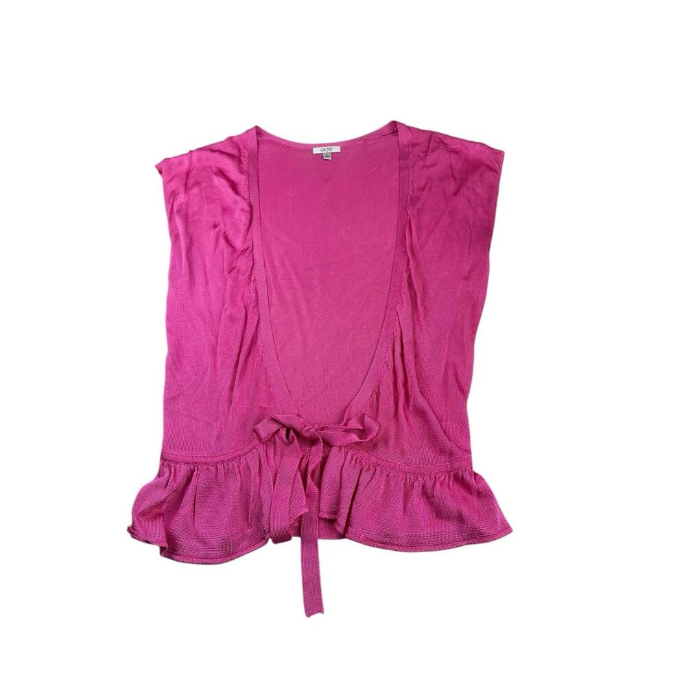Cache Pink Knit Tie Front Sleeveless Cardigan Vest Ruffle Hem Layering Top L